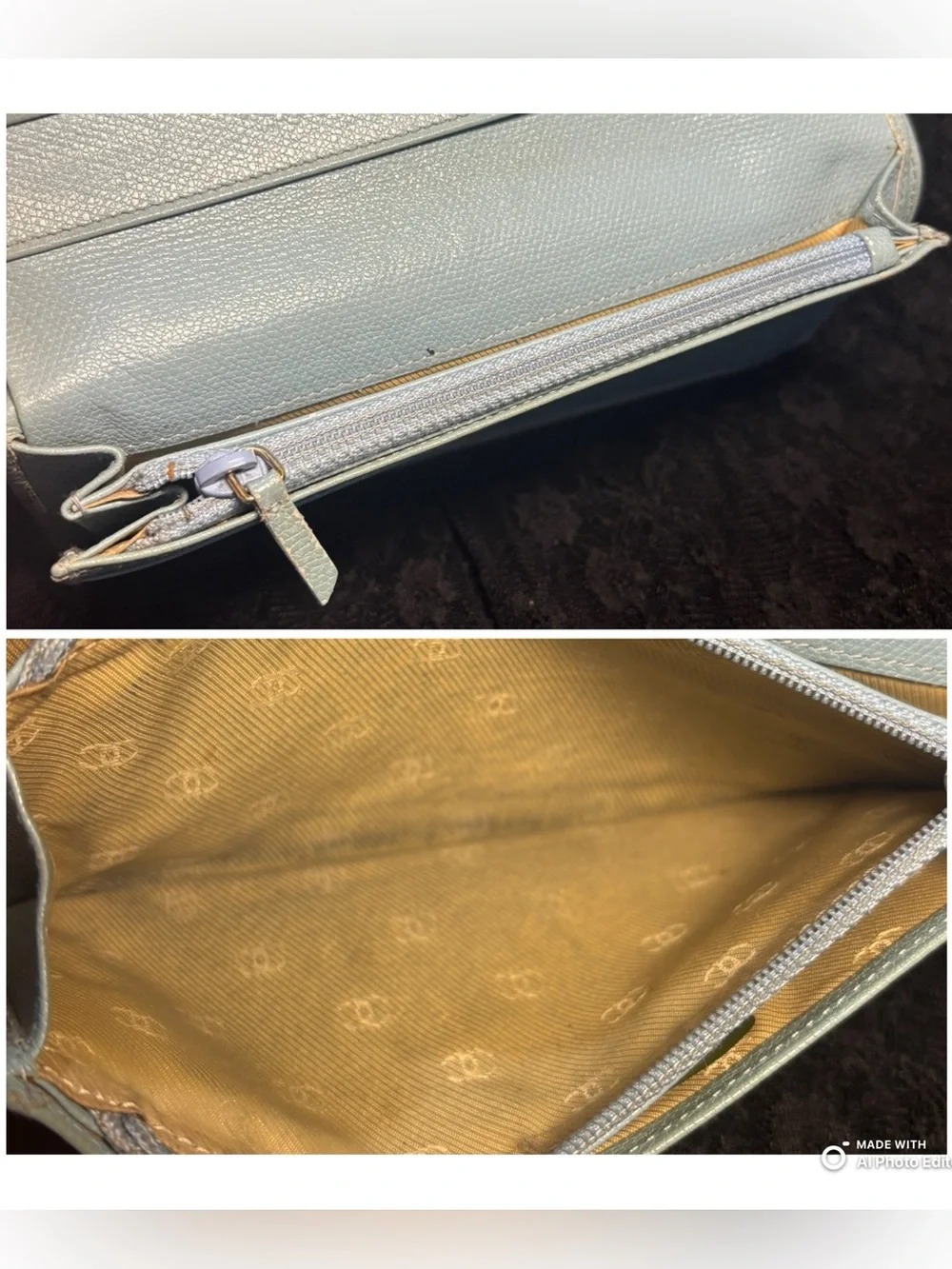 Chanel Coco Button Long Bifold Wallet Light Blue Caviar Leather WOC Chain Box